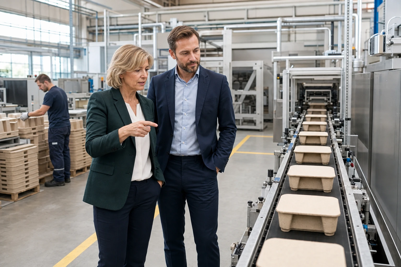 Eigentümerin und Kaufinteressent betrachten eine Produktionslinie für geformte Faserverpackungen